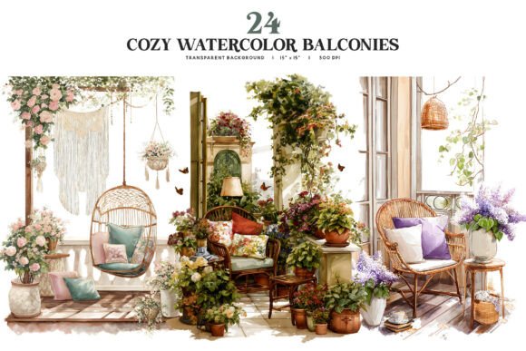 Download Cozy Watercolor Balcony PNG Collection - Balcony Collection