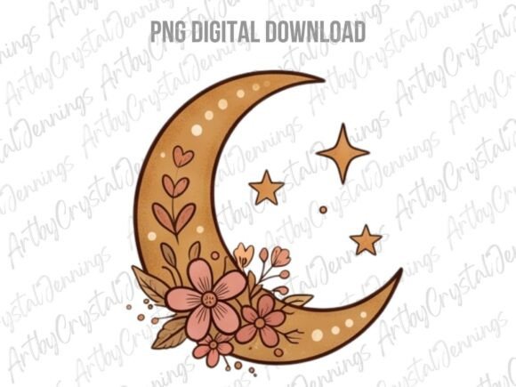 Download Celestial Boho Floral Crescent Moon PNG - Celestial boho Collection